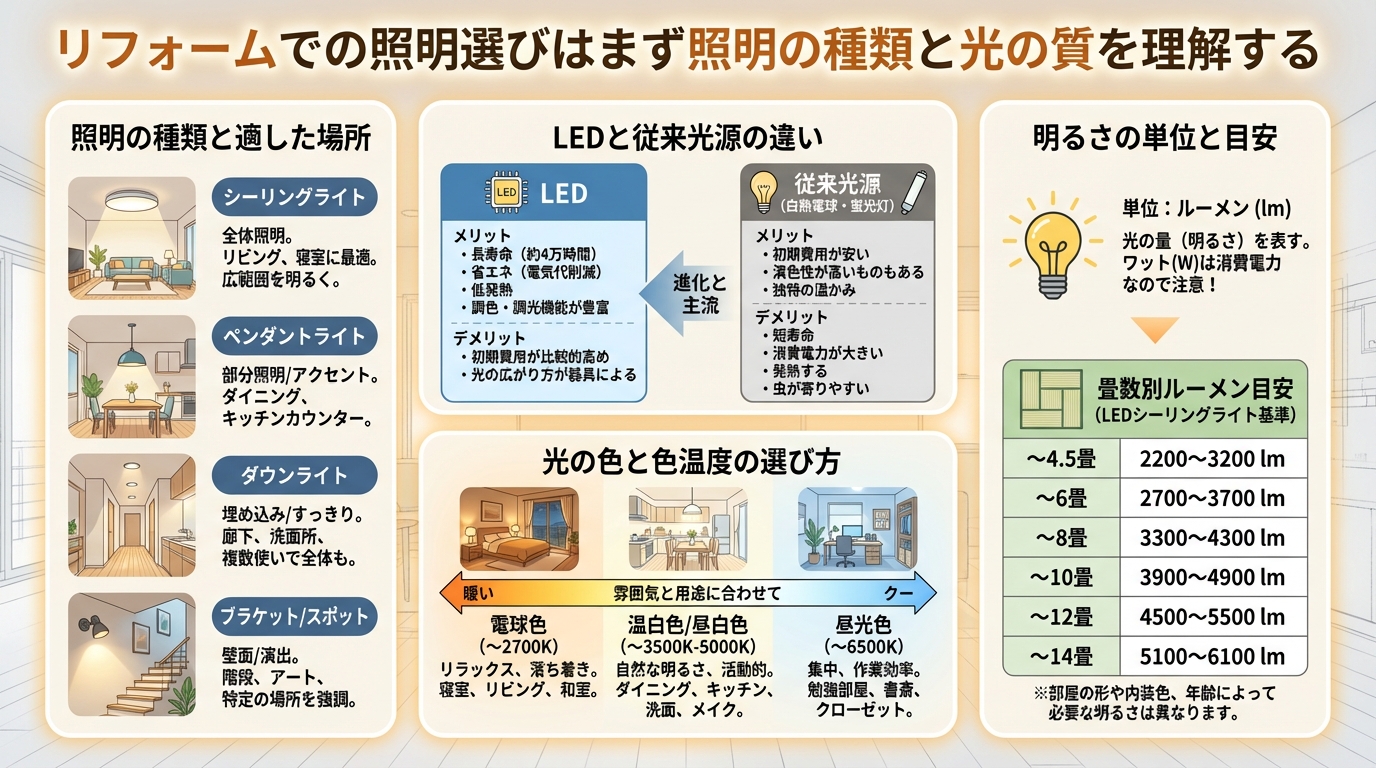 リフォームでの照明選びはまず照明の種類と光の質を理解する