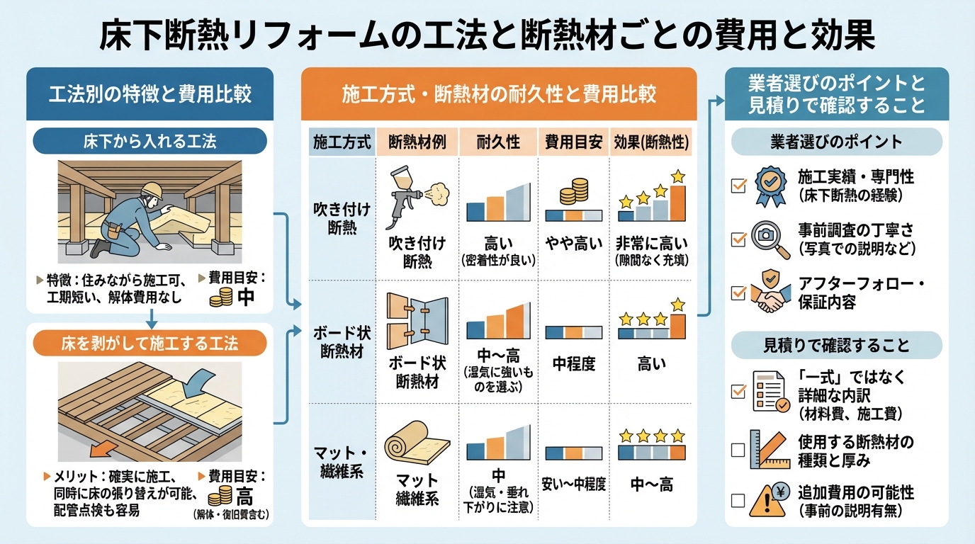 床下断熱リフォームの工法と断熱材ごとの費用と効果