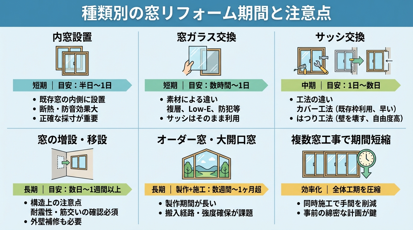 種類別の窓リフォーム期間と注意点