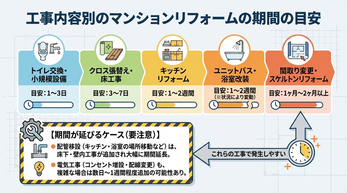 工事内容別のマンションリフォームの期間の目安