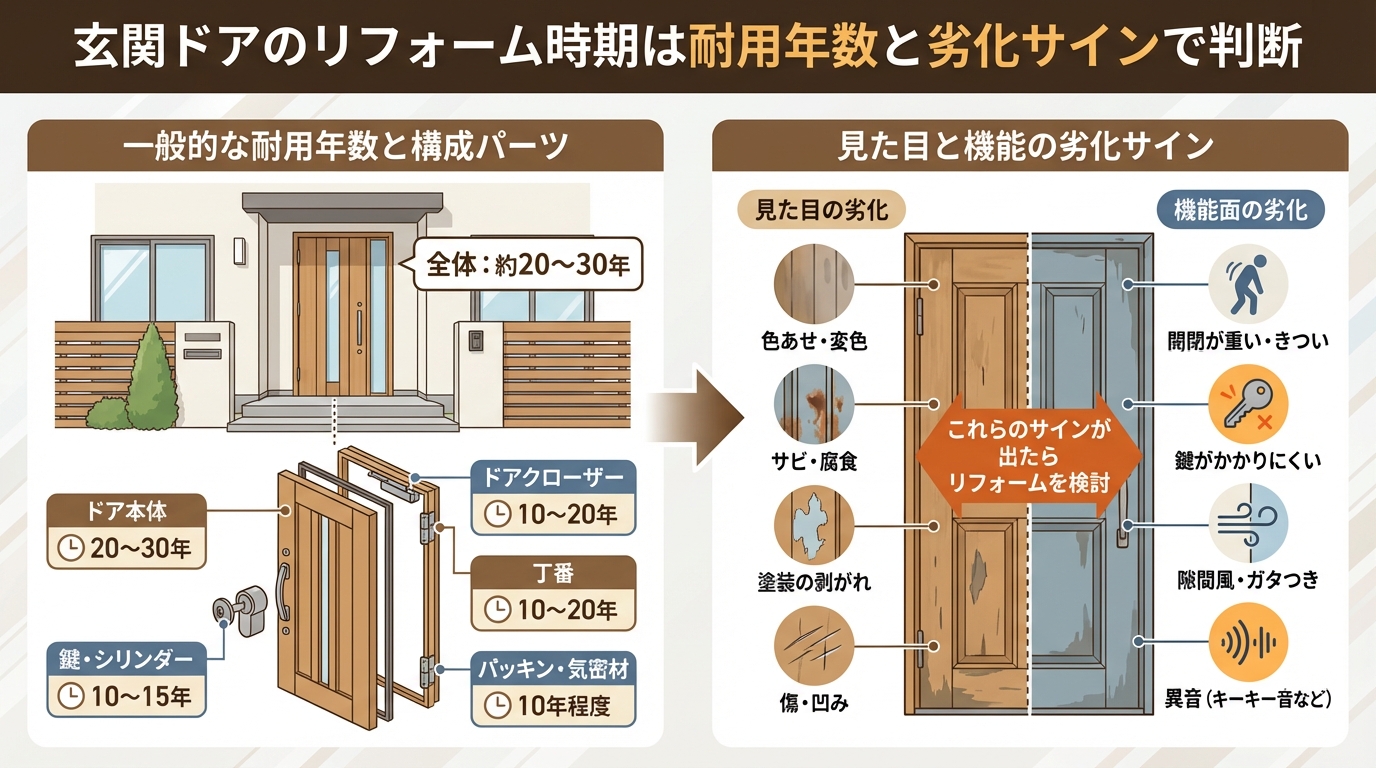 玄関ドアのリフォーム時期は耐用年数と劣化サインで判断