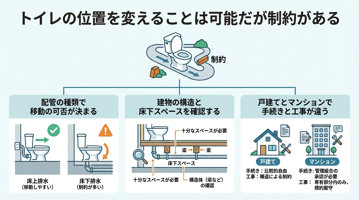 トイレの位置を変えることは可能だが制約がある