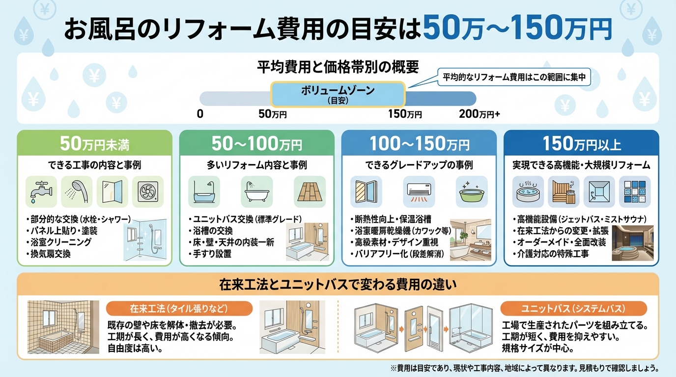 お風呂のリフォーム費用の目安は50万〜150万円