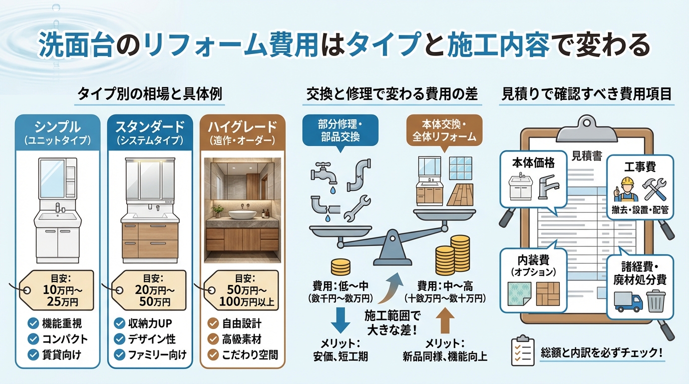 洗面台のリフォーム費用はタイプと施工内容で変わる