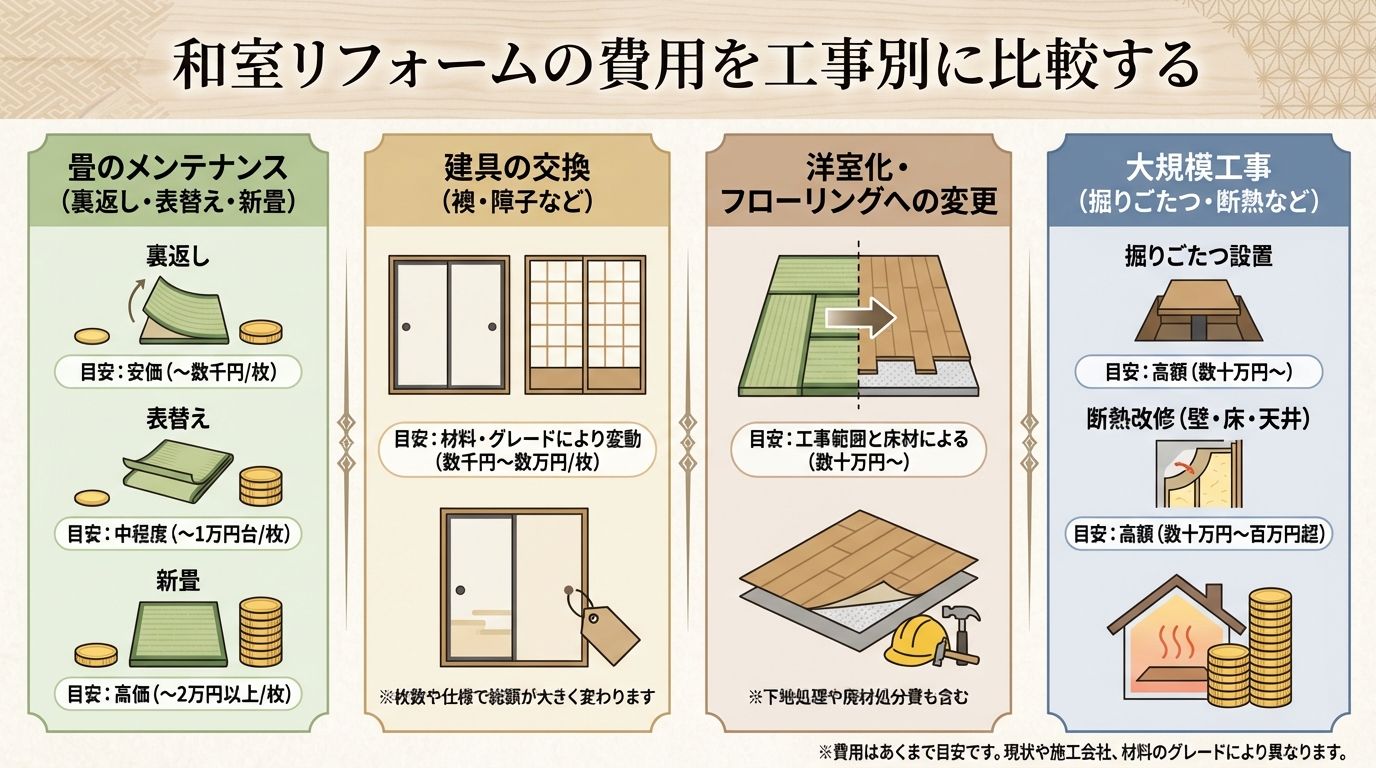 和室リフォームの費用を工事別に比較する