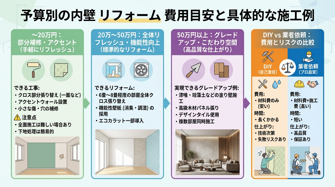 予算別の内壁 リフォーム 費用目安と具体的な施工例