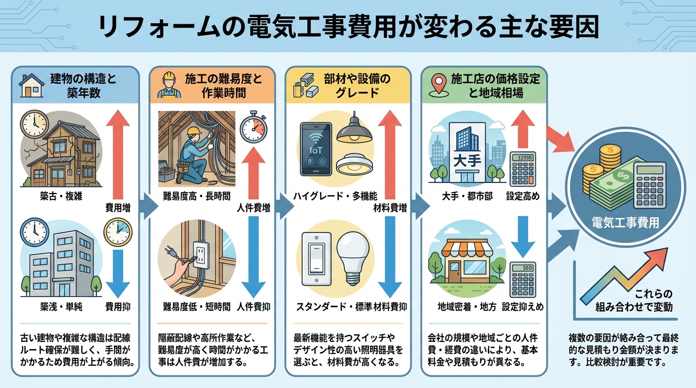 リフォームの電気工事費用が変わる主な要因
