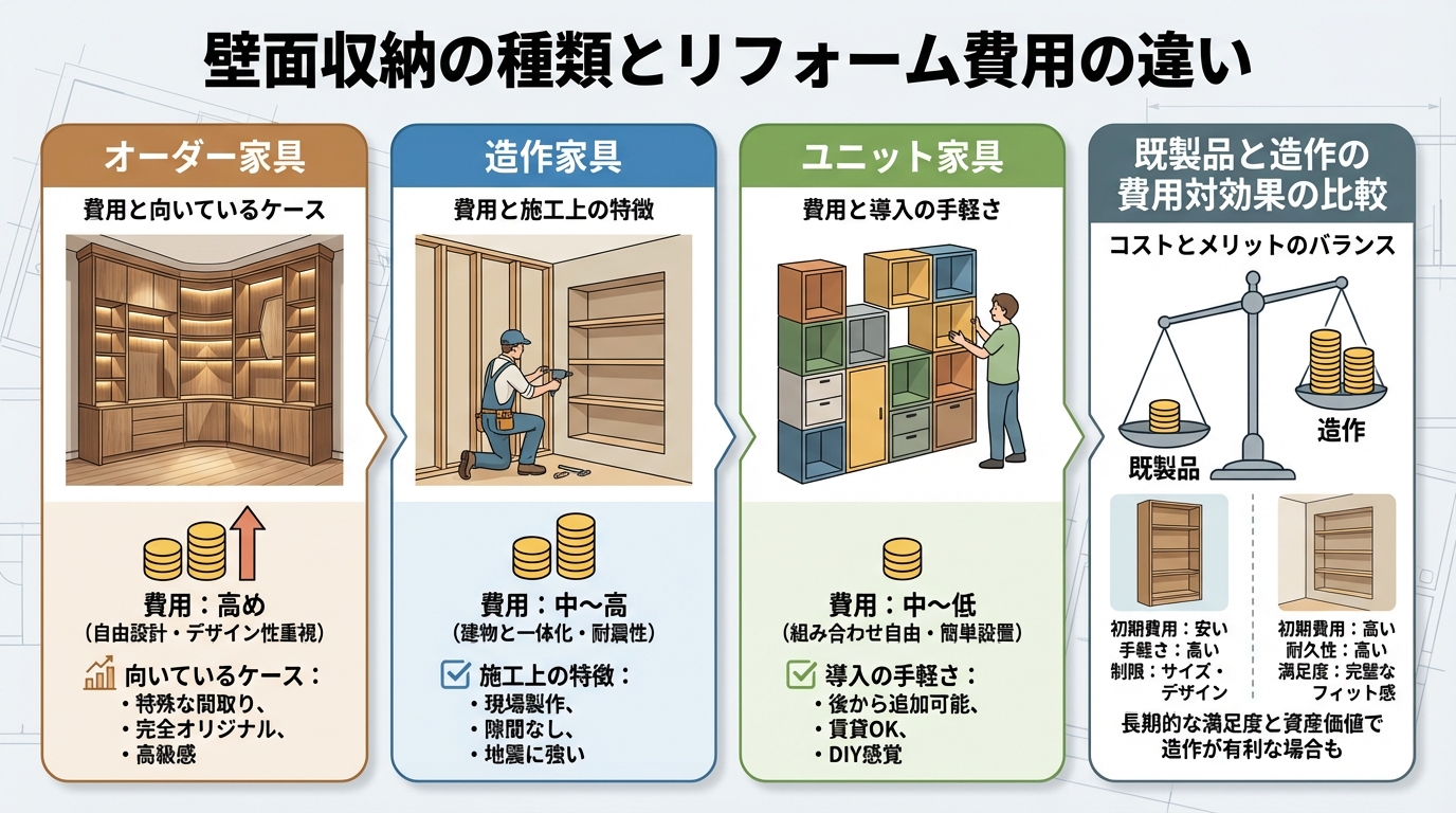 壁面収納の種類とリフォーム費用の違い