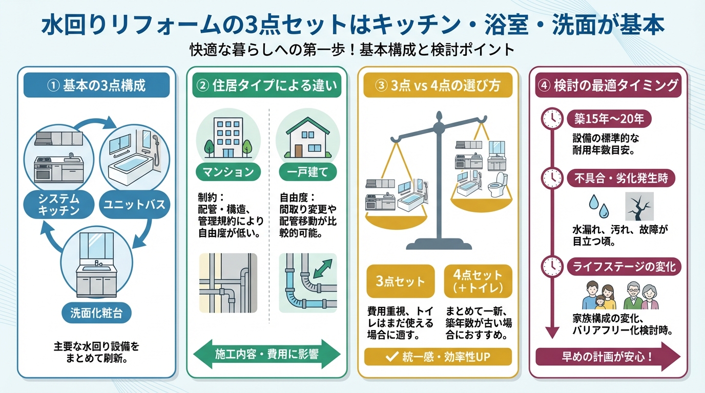 水回りリフォームの3点セットはキッチン浴室洗面が基本