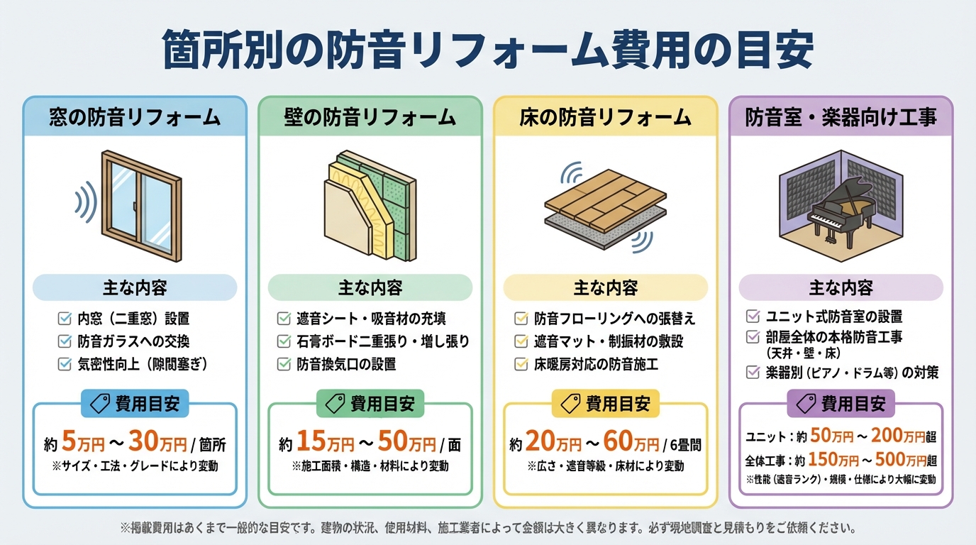 箇所別の防音リフォーム費用の目安