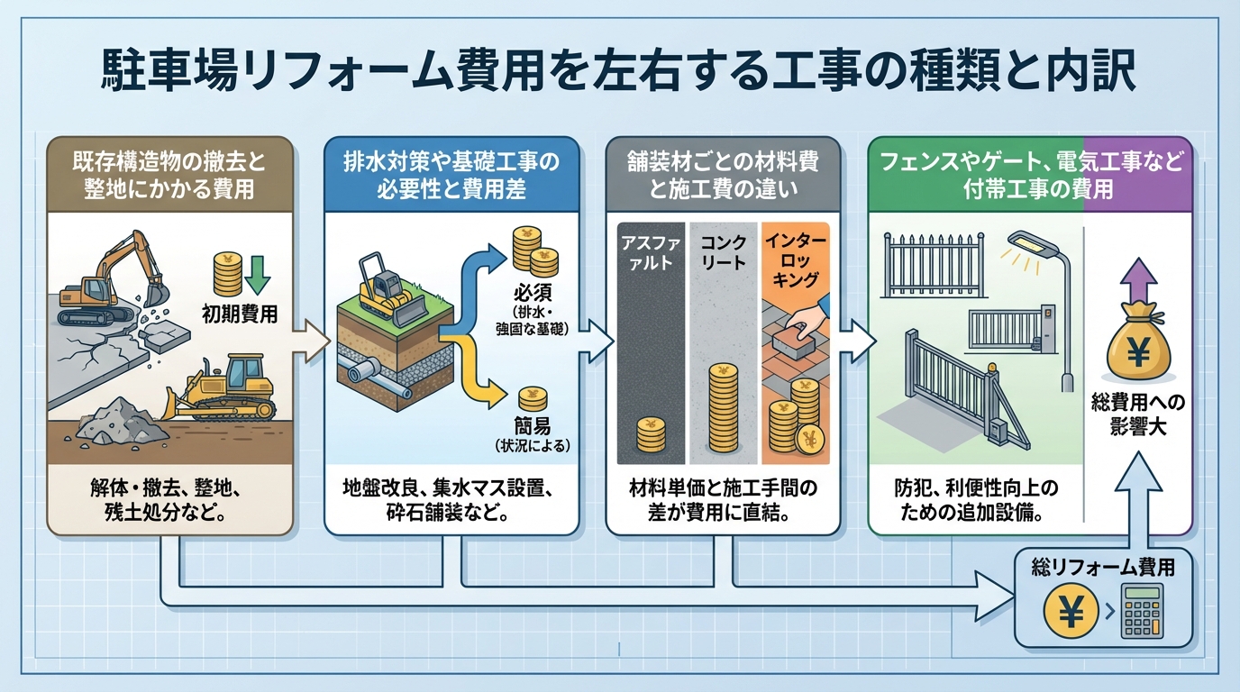 駐車場リフォーム費用を左右する工事の種類と内訳