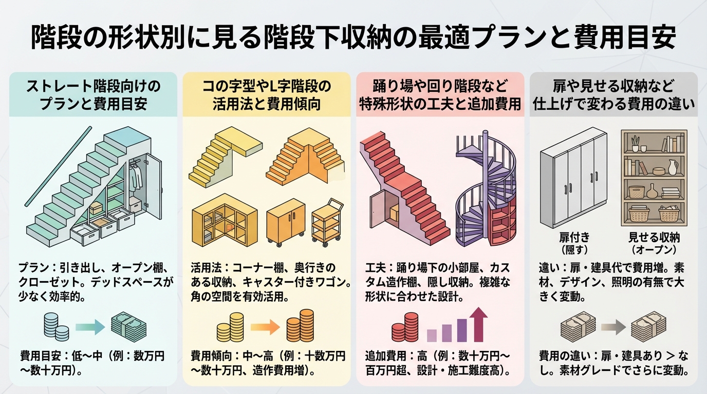 階段の形状別に見る階段下収納の最適プランと費用目安