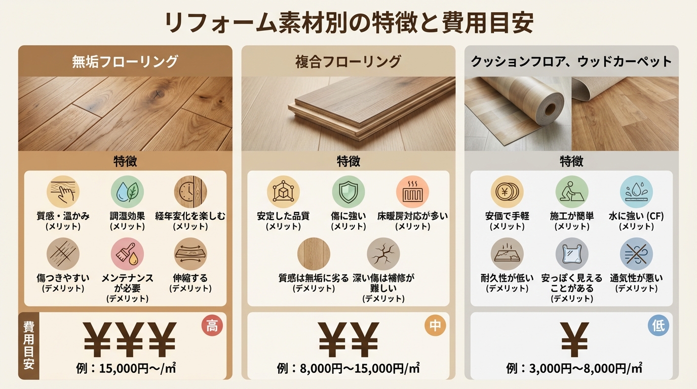 リフォーム素材別の特徴と費用目安