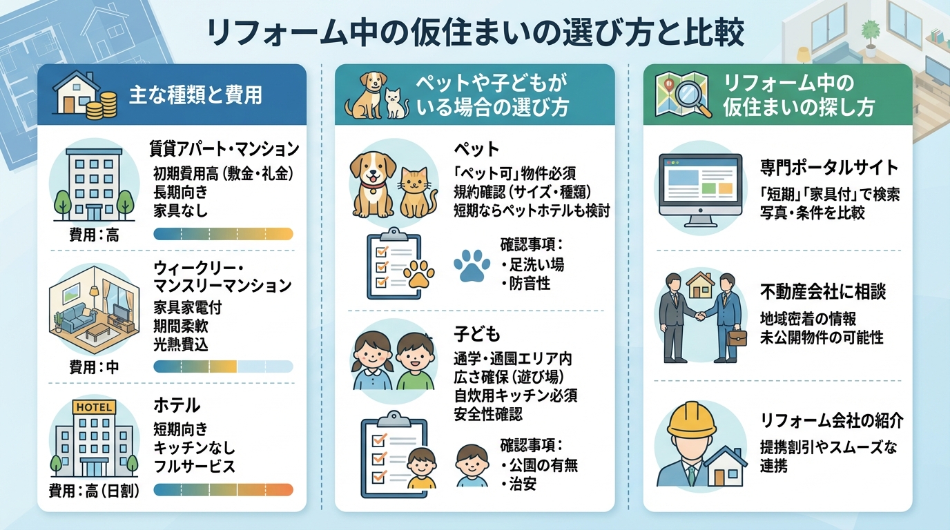 リフォーム中の仮住まいの選び方と比較