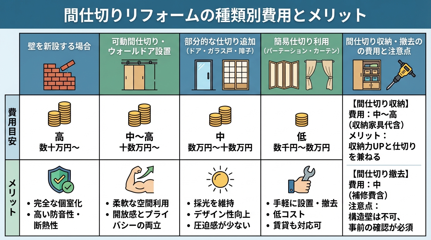 間仕切りリフォームの種類別費用とメリット