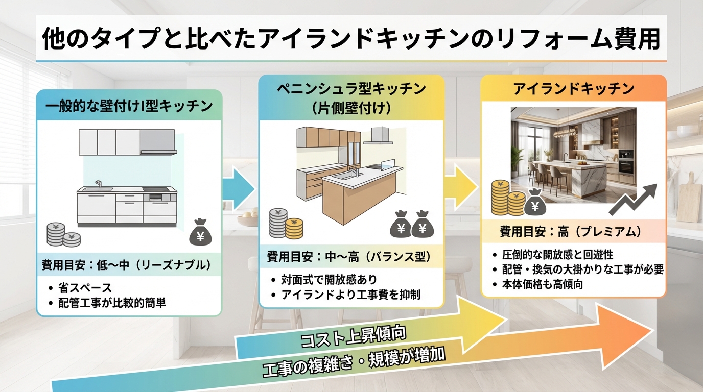 他のタイプと比べたアイランドキッチンのリフォーム費用