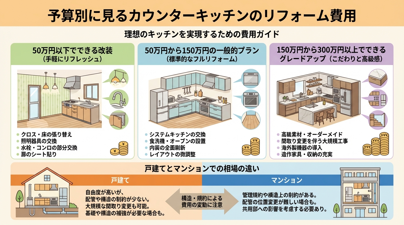 予算別に見るカウンターキッチンのリフォーム費用
