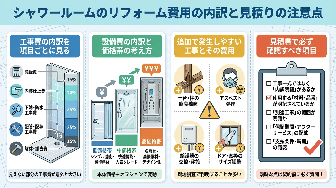 シャワールームのリフォーム費用の内訳と見積りの注意点