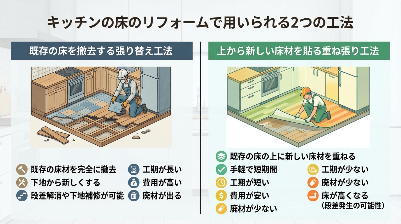 キッチンの床のリフォームで用いられる2つの工法