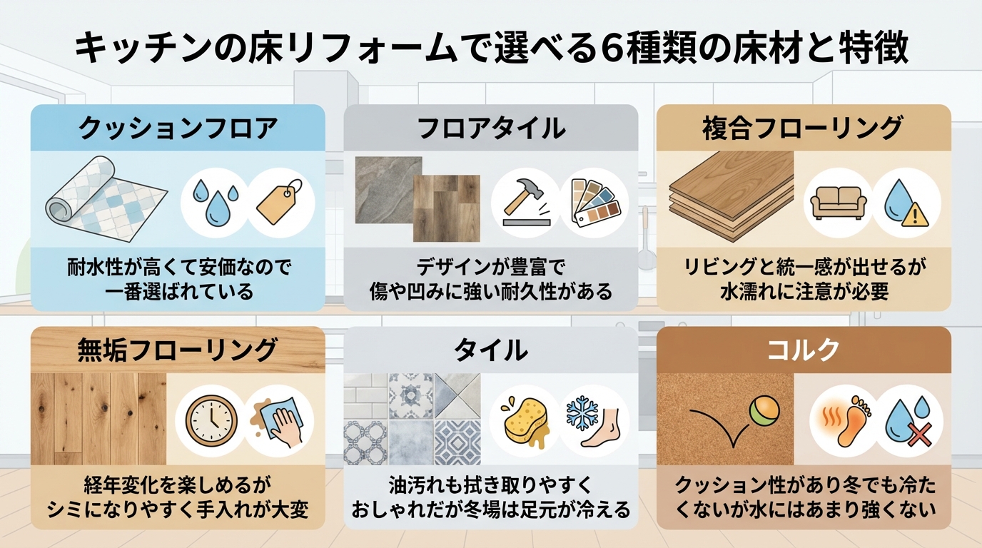 キッチンの床リフォームで選べる6種類の床材と特徴