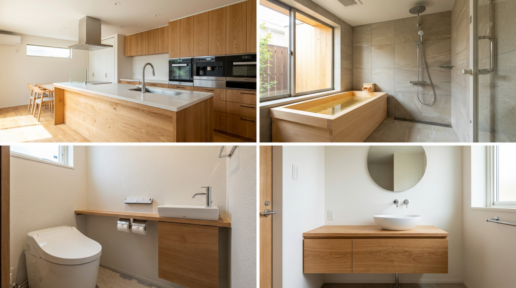 リフォーム後の水回り4点セット。モダンなキッチン、清潔なバスルーム、スタイリッシュなトイレ、機能的な洗面所を一覧表示