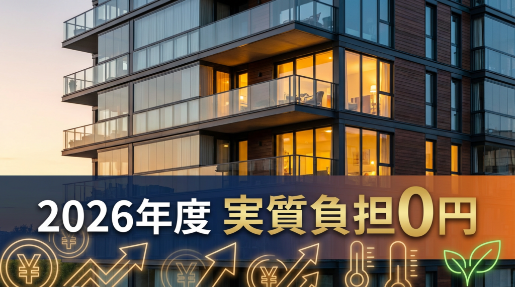 2026年度東京都の補助金を活用した賃貸物件の断熱リフォームで実質負担ゼロを実現するイメージ画像。夕暮れ時の東京のモダンな賃貸マンション外観と「2026年度 実質負担0円」のテキストオーバーレイ