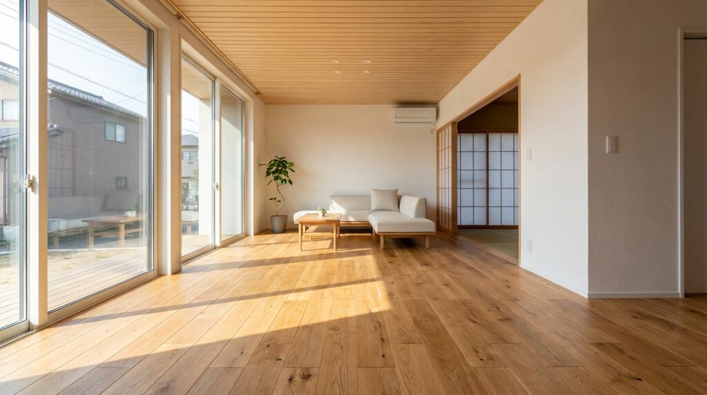 リフォーム後の明るい洋室のフローリングと窓