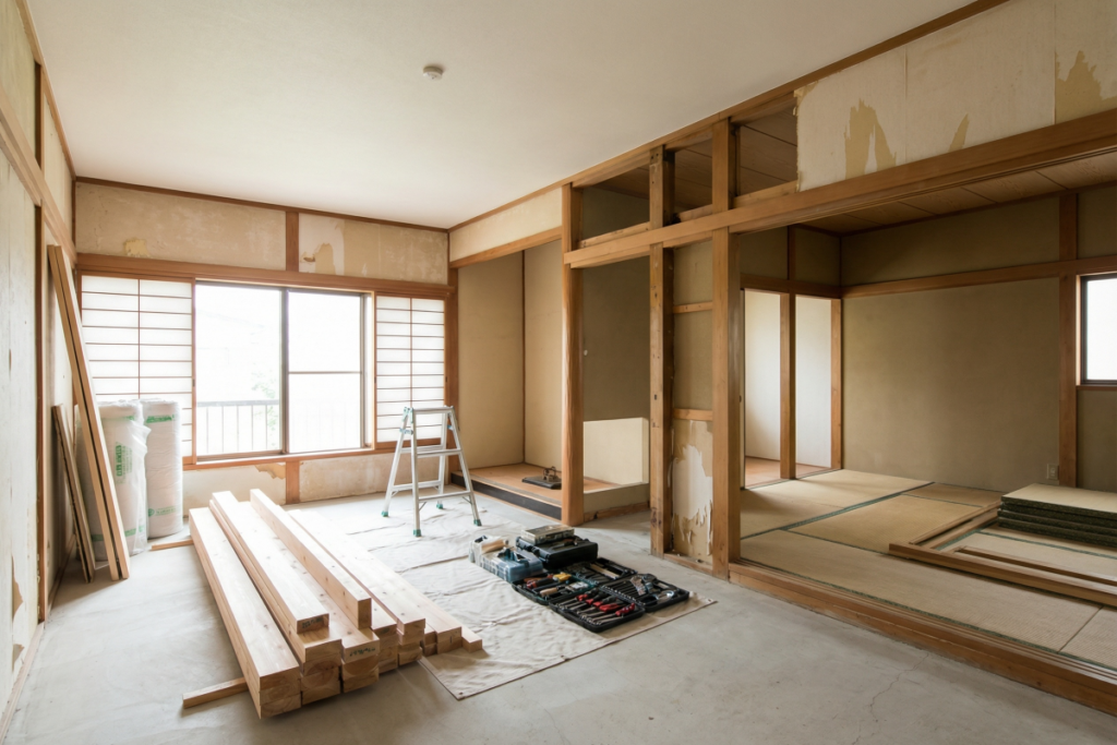 リノベーション中の部屋のイメージ。建物の構造体のみを残して壁や配管をすべて取り払う「スケルトン」状態からのフルリノベーションと、キッチンやリビングなど特定の空間を刷新する「部分リノベ」を比較する。老朽化が進んだ築古の中古住宅を一新して性能を高めたいのか、あるいは短期間の工期で設備を更新し快適に暮らすのか。2025年以降のトレンドやライフスタイルに合わせた最適な選択肢を提示し、大規模な改修から小規模な改装まで、資産価値を最大化する手法を解説