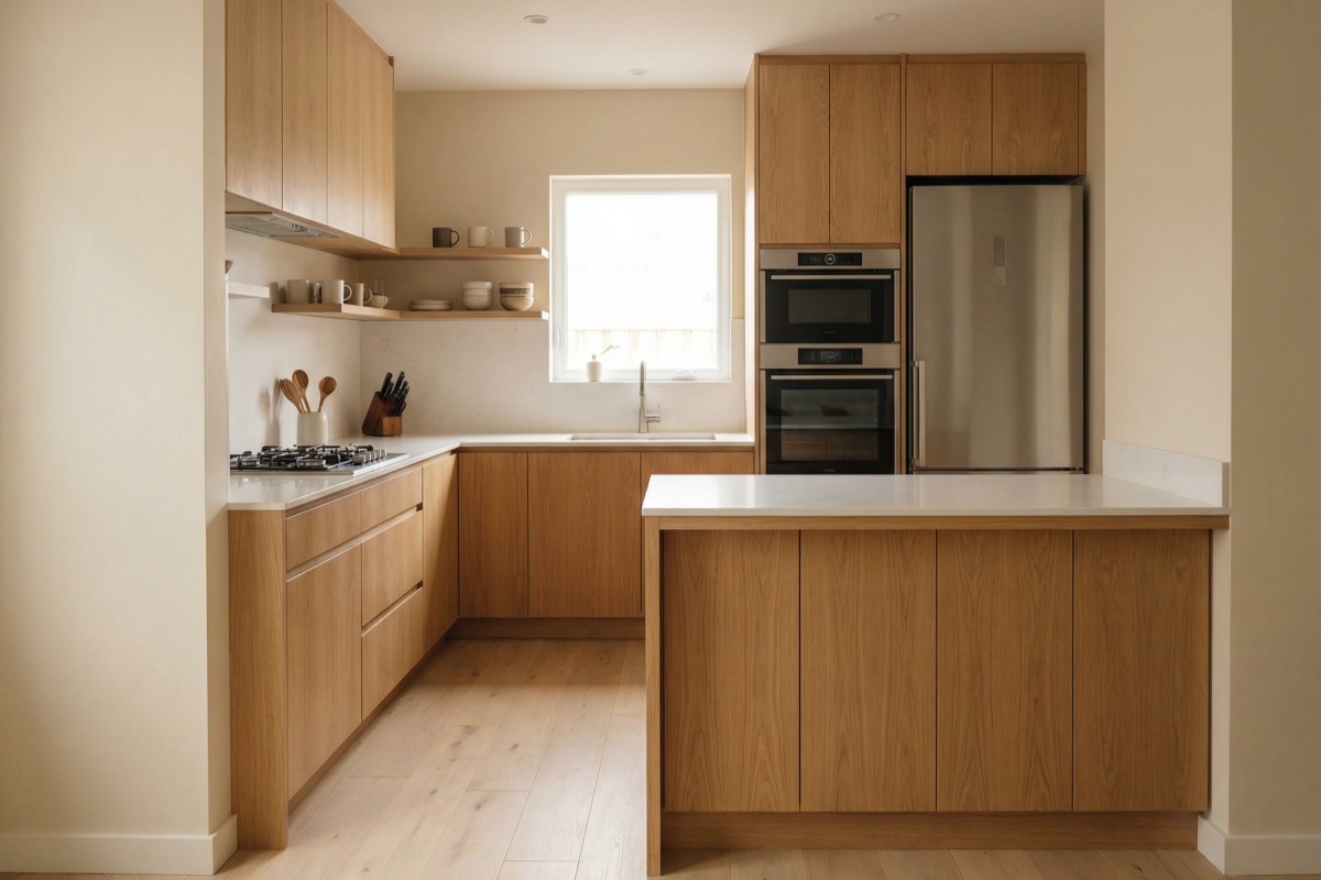 リフォーム済みのキッチン。キッチンリフォームの費用相場やお気に入りのキッチンへの施工の進め方。100万円から200万円超の予算帯別に、LIXIL（リクシル）のsierraなど人気モデルを比較。手入れが簡単なレンジフードやキッチンシンク、大容量の収納を備えた空間作りを解説する。見積りの取り方やショールームでの実物確認、工期の目安など、初心者でも安心してスムーズに理想の暮らしを叶えるための詳しい情報を網羅。ご家族の悩みを解決し、的確なプランで快適なLDKを演出