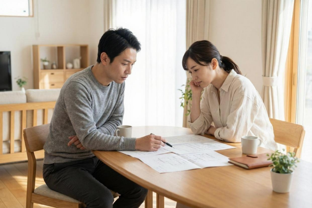 リノベーションの計画に頭を悩ませる夫婦のイメージ。フル・リノベと新築を比較するときは、改修にかかる費用や建てる土地、住宅ローンに利用可能性など、さまざまな比較項目がある。例えば たとえば、工期はフルリノベーションの方が圧倒的に短い。一方、耐震性能や断熱性能を上げるには、現行の建築基準法や新耐震基準を満たすことができる新築が有利。この章ではマイホームを理想に近づけるうえで重要な項目を学ぶ。