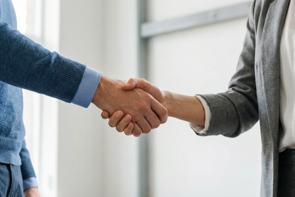 利用者と握手し続けるリフォーム会社やハウスメーカーのイメージ。近年ではフルリノベーションに使える低金利のさまざまなリフォームローンがあり、負担金が少なくなっている。一方、フルリノベの場合、木造のツーバイフォー工法やRC造の耐力壁など、構造上間取り変更が効かないこともある。少ない資金でどこまで好みのリフォームが実現できるかは、従来の家の構造とパートナーの腕にかかっている。