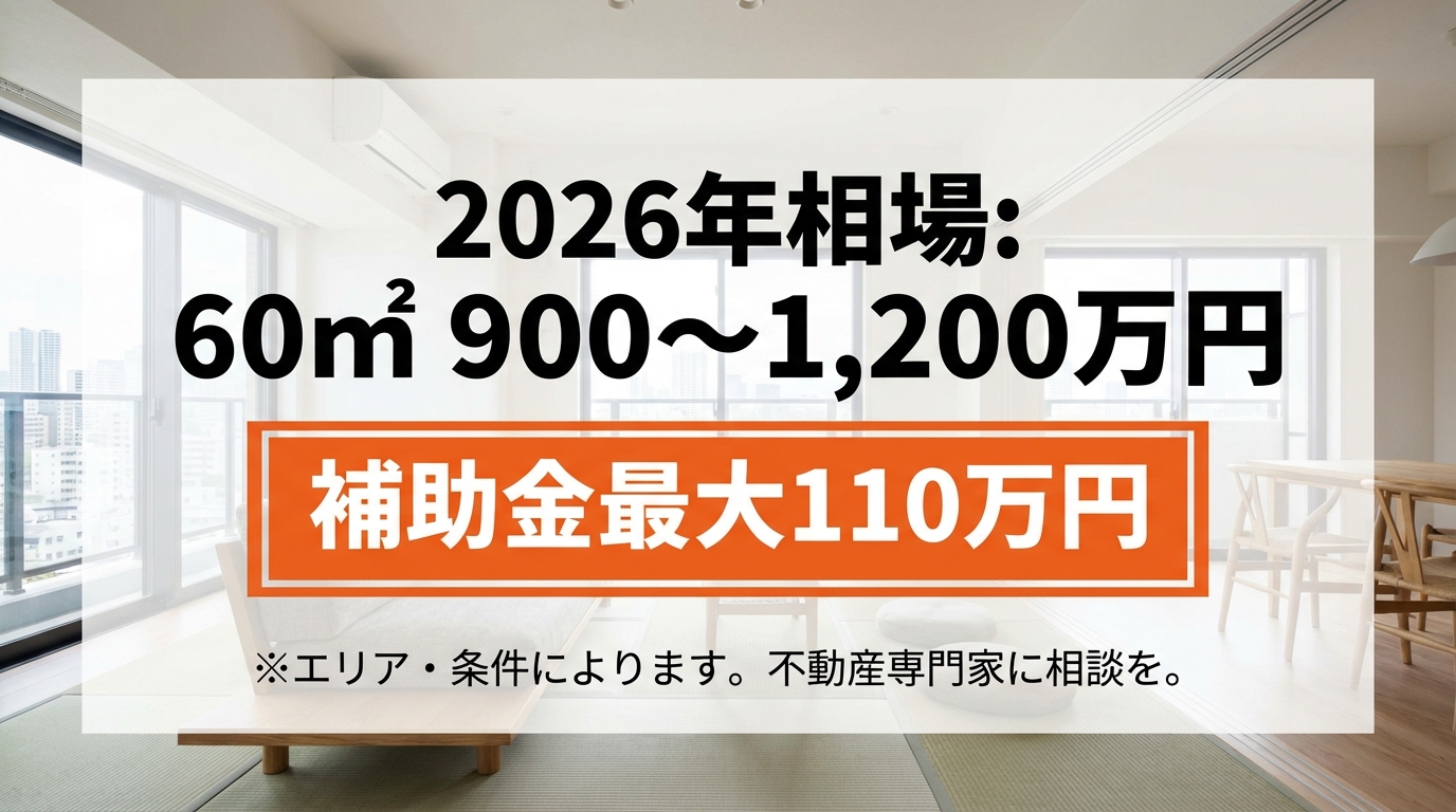 2026年リノベーション費用相場 60平米マンション900-1200万円 戸建て最大補助金110万円対応 明るいリビング実例写真