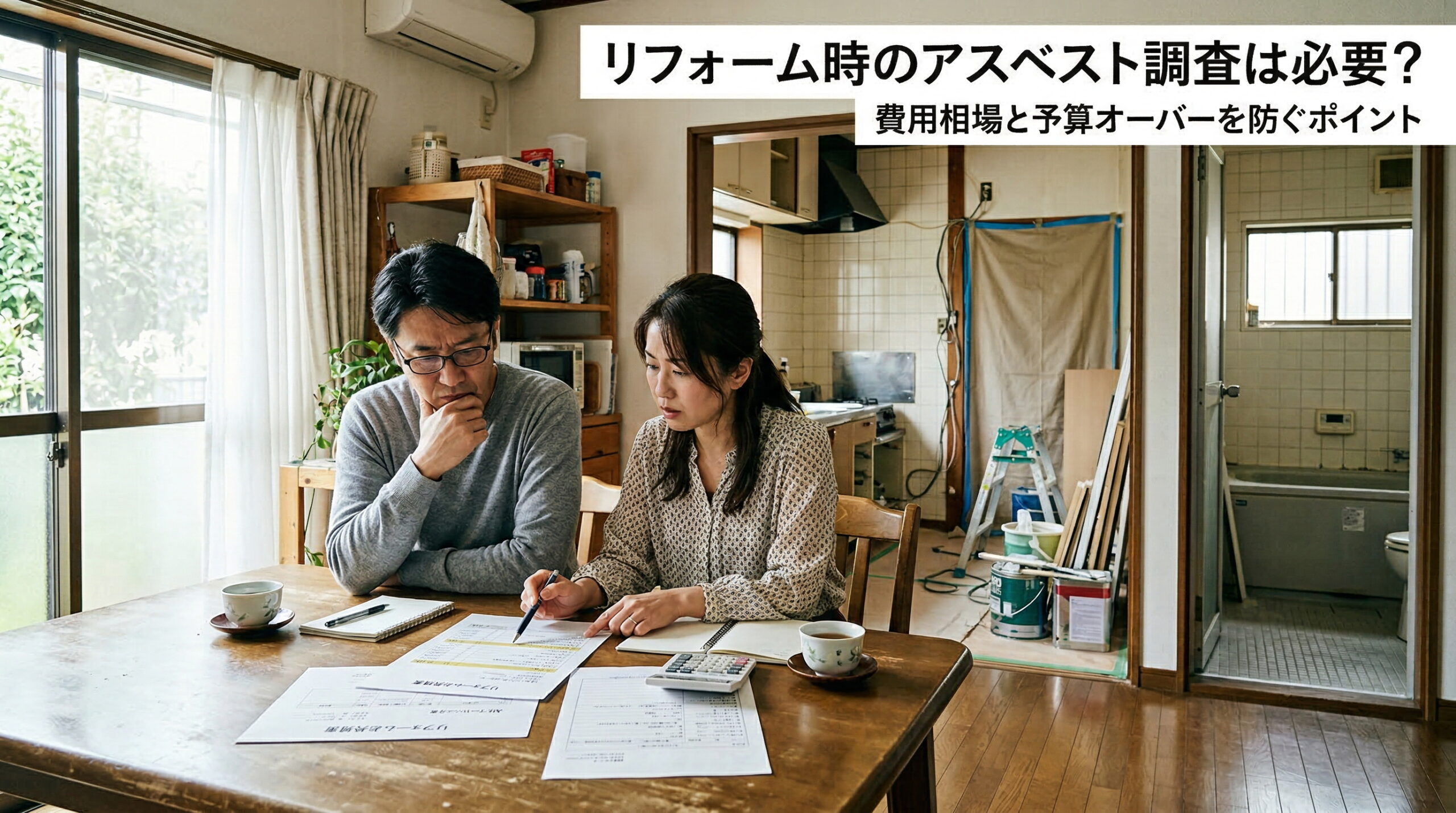 リフォーム見積もりを見て不安そうに確認する日本の施主と、水回り改修を背景にアスベスト事前調査の必要性を表現したアイキャッチ画像