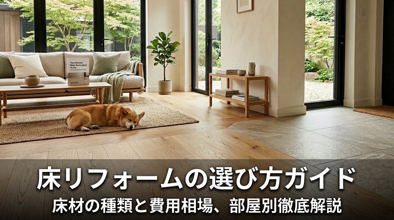 床リフォームの選び方ガイド - 木製フローリングとタイル床材を使用したジャパンディスタイルのモダンなリビングルーム、ペットに優しい床材の実例