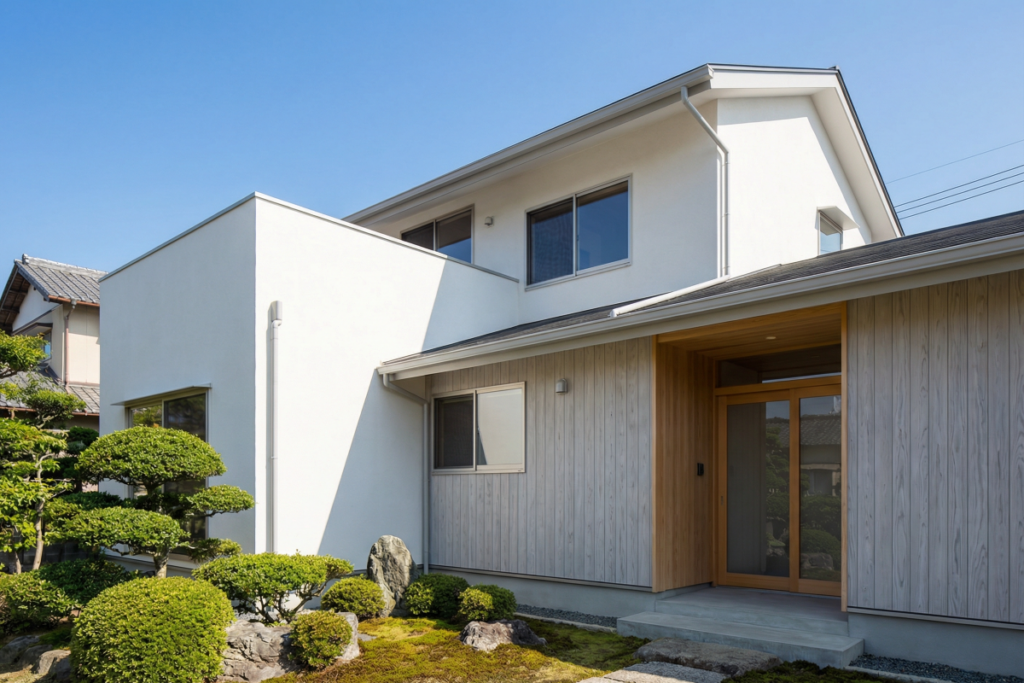 外壁をリフォームした家の画像。外壁塗装には、塗り替える、新たなサイディングなどの外壁材を重ねるカバー工法、張り替える、ひび割れなどをピンポイントで直す部分補修など、さまざまな種類がある。外壁塗装は色あせる壁を塗り直して美観を整えるだけが目的ではない。経年によって剥がれる外壁をそのままにしておくと、雨漏りや屋根からの雨水による腐食など、建物そのものの耐久性が下がってしまう。定期的にメンテナンスをすることがポイント