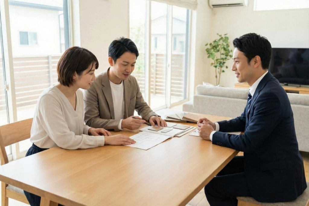 信頼できる業者に外壁リフォームの相談をしている人のイメージ。外壁塗装業者の中には悪質な業者もいる。業者の選定を間違えば、仕上がりに問題があったり、コストなどの負担が大きくなったりと、後悔することになる。業者に依頼する際には、あらかじめ外壁塗装にかかる費用の相場を確認し、どの程度の価格までは支払うことができるのかを事前に検討しておく必要がある。相見積もりを取ることもおすすめ。