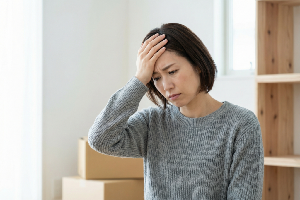 外壁のトラブルに頭を悩ませている人のイメージ。外壁塗装の工事の際は、近隣の住民への影響や施主と業者との対立など、さまざまなトラブルが起こることがある。かといって、外壁塗装をセルフでやろうとすると見た目が悪くなったり、知識のなさから間違った素材を選択してしまうことがある。一般的には自分で判断するのではなく、信頼できる業者に任せたほうが良い。事前に外壁塗装の失敗例を理解しておくことで、失敗を防ぎ、トラブルを避けることができるようになる