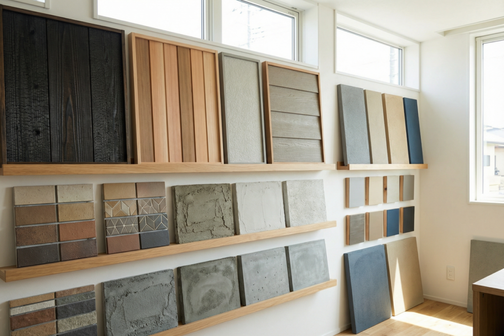 色とりどりの外壁材のイメージ。塗料には、シリコン、アクリル、フッ素・無機、光触媒・遮熱など、さまざまな種類がある。外壁材には、窯業、金属、モルタル・セメントなどがある。これらの素材のうち何を選ぶかによって、仕上がりやデザイン、耐久性（耐震 性）、防水性、熱を遮る効果などに差が出る。業者とよく相談の上、自分の家に合った素材を選定することが重要となる。