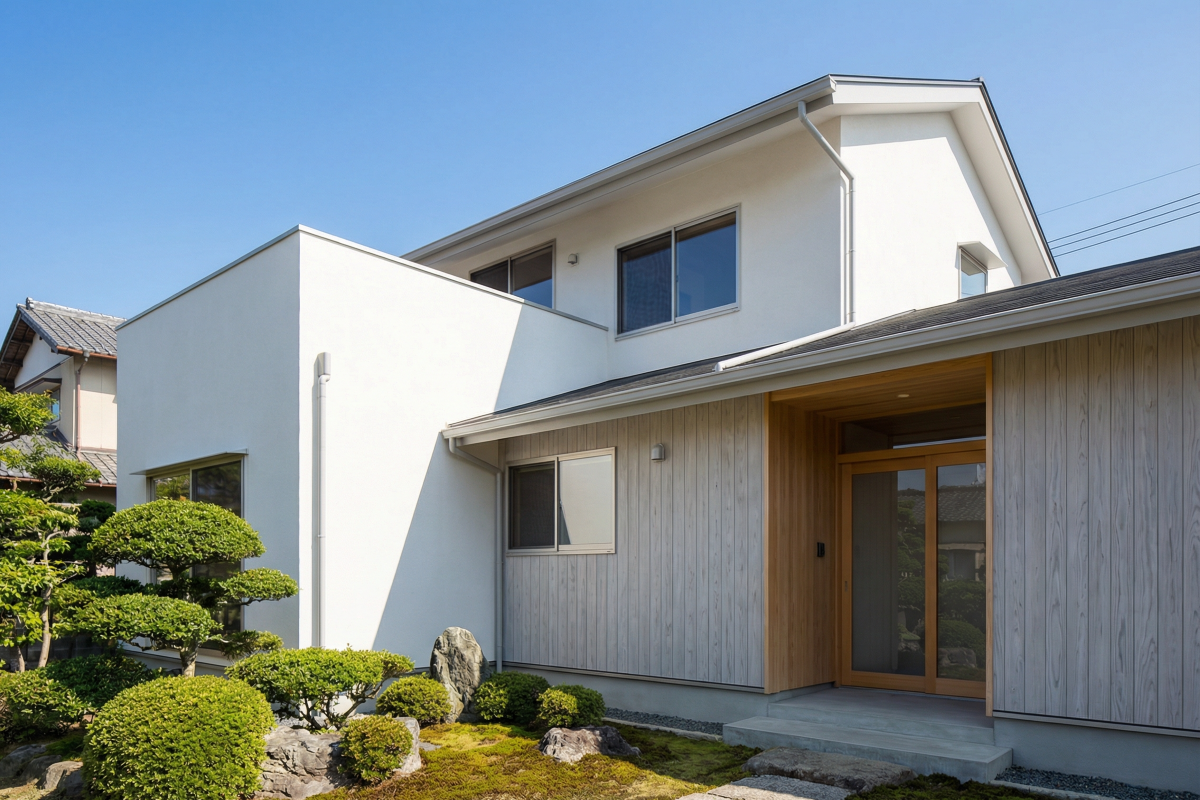 外壁をリフォームした家の画像。外壁塗装には、塗り替える、新たなサイディングなどの外壁材を重ねるカバー工法、張り替える、ひび割れなどをピンポイントで直す部分補修など、さまざまな種類がある。外壁塗装は色あせる壁を塗り直して美観を整えるだけが目的ではない。経年によって剥がれる外壁をそのままにしておくと、雨漏りや屋根からの雨水による腐食など、建物そのものの耐久性が下がってしまう。定期的にメンテナンスをすることがポイント