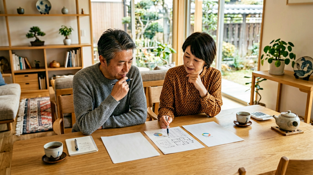 施主夫婦がテーブルで複数のリフォーム見積書を並べて比較しているシーン