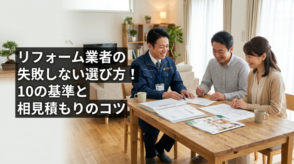 リフォーム業者と施主夫婦が見積書を確認している打ち合わせシーン