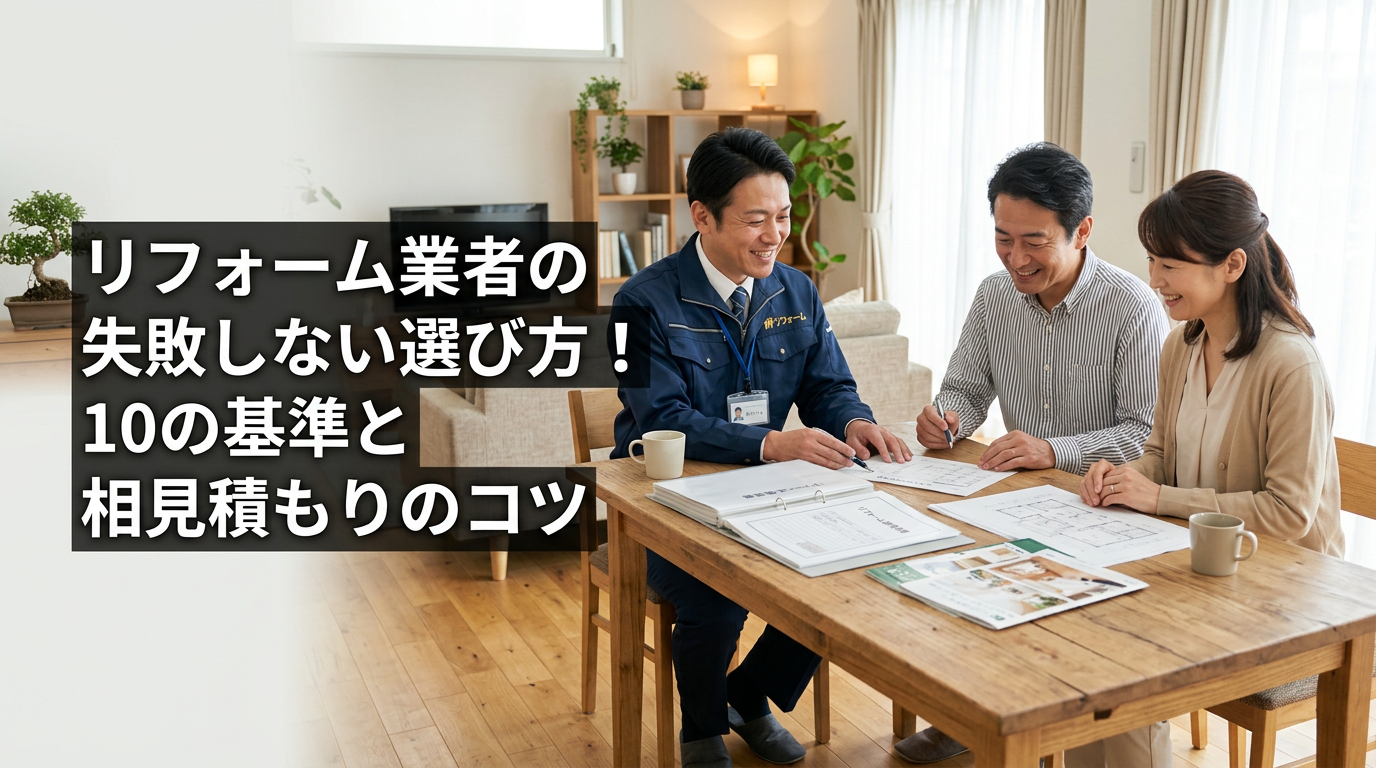 リフォーム業者と施主夫婦が見積書を確認している打ち合わせシーン